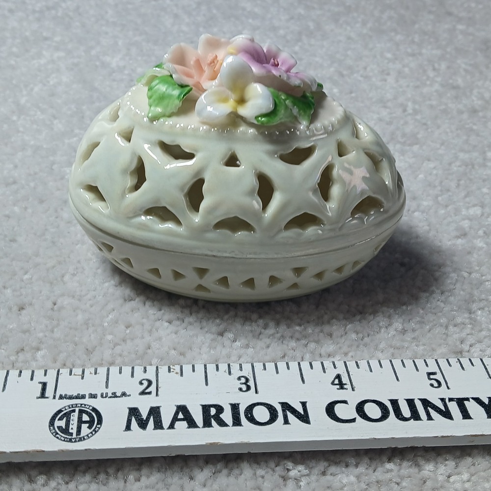 Porcelain Opalescent Egg Shaped Trinket Box with Raised Sculpted Flowers Easter